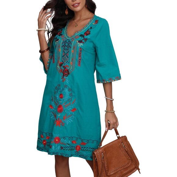 Women's Plus Size Cotton Mexican Fiesta Embroidered Dress Boho Casual - Picture 4 of 6
